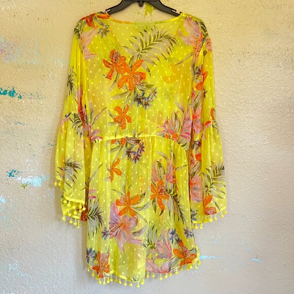 NWOT Beach Cover-Up Dress Sheer Yellow Tropical Floral with Pom-Pom Trim, Size M - Picture 2 of 9